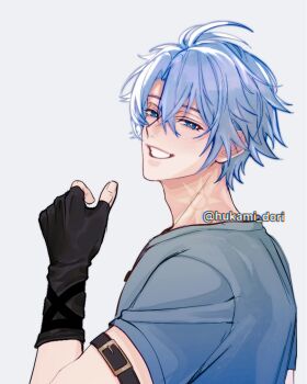 Rule 34 | 1boy, arm belt, black gloves, blue eyes, blue hair, blue shirt, commentary request, fingerless gloves, gloves, grey background, grin, highres, honkai: star rail, honkai (series), hukami dori, looking at viewer, male focus, neck tattoo, phainon (honkai: star rail), shirt, short hair, simple background, smile, solo, sun symbol, sun tattoo, tan, tattoo, twitter username, upper body