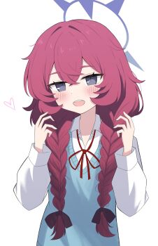 1girl blue_archive bow bowtie braid casual commentary crossed_bangs halo heart highres iroha_(blue_archive) koucha_(sr4ez) long_hair low_twin_braids open_mouth purple_halo red_bow red_bowtie red_eyes red_hair shirt smile solo sweater_vest symbol-only_commentary teeth twin_braids upper_body upper_teeth_only vest white_background white_shirt