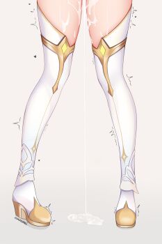 1girl absurdres after_vaginal aftersex boots commentary cum cum_on_body cum_pool cumdrip genshin_impact high_heel_boots high_heels highleg highres leg_up legs legs_apart liquid lower_body lumine_(genshin_impact) shoes solo thick_thighs thighhighs thighs trembling unosaki2 white_background white_thighhighs