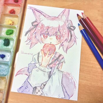 1girl absurdres animal_ear_fluff animal_ears apple arknights art_tools_in_frame character_name commentary food fox_ears fox_girl fox_tail fruit haru_(aona1122) highres holding holding_food long_sleeves pink_hair purple_eyes purple_hair shamare_(arknights) solo tail traditional_media twintails