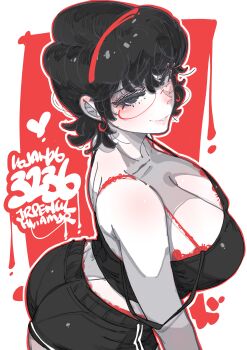 1girl absurdres arched_back artist_name black_eyes black_hair black_shorts black_tank_top border bra bra_peek breasts cleavage commentary cowboy_shot earrings english_commentary from_above from_side glasses hair_between_eyes hairband heart highres jewelry jrpencil large_breasts looking_at_viewer original outside_border parted_lips raised_inner_eyebrows red_background red_hairband short_hair short_shorts shorts smile solo strap_slip tank_top underwear white_border