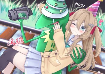 1boy 1girl ahoge aqua_bow aqua_bowtie blue_eyes blue_sailor_collar blue_skirt blush bow bowtie brown_hair camcorder camera cardigan closed_mouth covered_eyes crying dated dutch_angle feet_out_of_frame grass hair_between_eyes hair_intakes hair_ornament hair_ribbon hat heart heart_hair_ornament highres holding holding_camera hug kermit_the_frog light_particles long_hair long_sleeves miniskirt muppets neuro-sama one_eye_closed open_mouth outdoors party_hat pleated_skirt railroad_tracks red_ribbon ribbon sailor_collar signature skirt smile streaming_tears tears turtle twitter_username two_side_up vedal987 vedal_ai video_camera virtual_youtuber vrchat y.l.q. yellow_cardigan