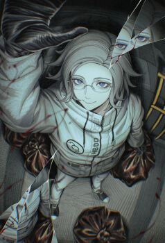 1boy 7nite absurdres aotsuki_eito arm_at_side arm_up bag black_gloves black_shoes blood blood_on_clothes blood_on_face blood_splatter bloody_weapon blue_eyes broken_glass chinese_commentary chromatic_aberration closed_mouth clothes_writing crack drawstring eyelashes from_above full_body glass glasses gloves grey_hair hand_up high_collar highres holding holding_bag indoors jacket limited_palette long_sleeves looking_at_viewer looking_up male_focus mirror pants pocket purple_eyes reflection round_eyewear shadow shoes short_hair smile solo spot_color standing the_hundred_line_-last_defense_academy- trash_bag weapon white_jacket white_pants zipper