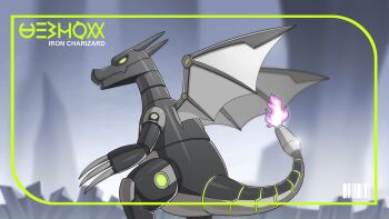 blurry blurry_background character_name charizard claws depth_of_field fire flame-tipped_tail from_side gen_1_pokemon green_eyes grey_wings highres jchoy mechanical_wings mechanization nintendo no_humans pink_fire pokemon pokemon_(creature) profile robot solo tail wings