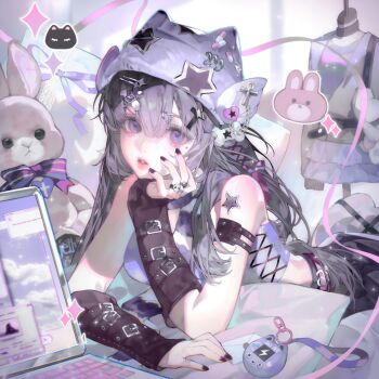 1girl arm_tattoo bare_shoulders belt black_nails black_skirt bow breasts cellphone computer crop_top fingerless_gloves gloves grey_hair hair_between_eyes hair_ornament hairclip hat jewelry jirai_kei laptop large_variant_set long_hair looking_at_viewer lying nail_polish on_stomach original parted_lips phone pillow purple_eyes purple_nails ribbon ring shirt skirt sleeveless solo sparkle star_(symbol) stuffed_animal stuffed_rabbit stuffed_toy tai01 tattoo variant_set