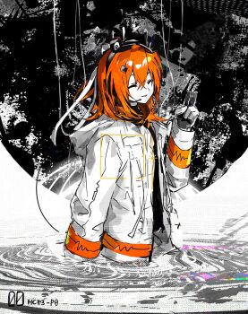 1girl a.i._voice absurdres adachi_rei arm_at_side black_background black_shirt closed_eyes from_side hair_between_eyes hanaseto hand_up heart highres jacket long_sleeves medium_hair open_mouth orange_hair partially_submerged shirt smile solo static upper_body utau v watermark weibo_username weibo_watermark white_background white_jacket