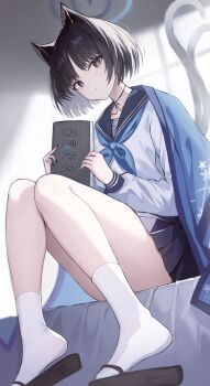 Rule 34 | 1girl, animal ears, black eyes, black hair, black sailor collar, blue archive, blue halo, blue neckerchief, book, cat ears, commentary, halo, haori, highres, holding, holding book, japanese clothes, kikyou (blue archive), long sleeves, looking at viewer, multiple tails, neckerchief, pleated skirt, revision, sailor collar, school uniform, serafuku, short hair, sitting, skirt, socks, solo, tail, thighs, un uk, white socks