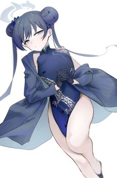 Rule 34 | 1girl, absurdres, animal print, black dress, black gloves, black hair, blue archive, butterfly hair ornament, butterfly print, china dress, chinese clothes, coat, commentary, dantyou2525, double bun, dress, expressionless, gloves, grey coat, grey halo, hair bun, hair ornament, halo, highres, kisaki (blue archive), lying, on back, own hands clasped, own hands together, simple background, sleeveless, sleeveless dress, solo, striped coat, thighs, twintails, vertical-striped coat, white background