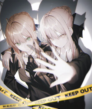 2girls ahoge angra_mainyu_(fate) arm_around_shoulder artoria_pendragon_(fate) blonde_hair braid caution_tape chromatic_aberration closed_mouth commentary corruption dark_persona dual_persona english_commentary fate/stay_night fate_(series) formal_clothes fov_ps green_eyes hair_ribbon heaven&#039;s_feel highres holding_necktie looking_at_viewer multiple_girls necktie possessed possession ribbon saber_(fate) saber_alter short_hair simple_background suit yellow_eyes