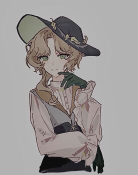 Rule 34 | 1girl, black hat, black skirt, blonde hair, commentary request, druvis iii, finger to mouth, gloves, green eyes, green gloves, grey background, hand up, hat, highres, official alternate costume, reverse:1999, shirt, skirt, solo, upper body, white shirt, xy mt2528