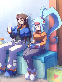 1boy 1girl ashe_(mega_man) blue_hair blue_jacket brown_hair closed_eyes closed_mouth cropped_jacket cup green_eyes high_ponytail highres holding holding_cup jacket mega_man_(series) mega_man_zx mega_man_zx_advent no_pants nobuyu_(77yusei) orange_jacket pants ponytail robot_ears sitting vent_(mega_man) white_pants