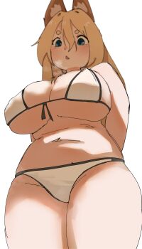 absurdres bikini blonde_hair blue_eyes breasts curvy fox_girl from_below highres large_breasts plump skashi swimsuit thick_thighs thighs white_bikini