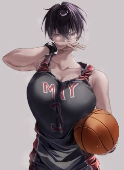 1girl absurdres ball basketball_(object) basketball_uniform black_hair breasts brown_eyes commentary dark-skinned_female dark_skin ear_piercing earrings english_commentary highres holding holding_ball jewelry large_breasts may_(ulularts) multicolored_hair original piercing solo sportswear streaked_hair sweat ulularts white_hair wristband