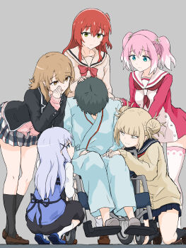 1boy 5girls absurdres artist_self-insert bags_under_eyes black_hair blonde_hair blue_eyes blue_hair blue_sailor_collar blue_skirt bocchi_the_rock! boku_no_hero_academia brown_eyes brown_hair brown_sailor_collar closed_mouth crossover double_bun frown gochuumon_wa_usagi_desu_ka? green_eyes hair_bun highres hiiragi_nana hospital_gown isshiki_iroha kafuu_chino kita_ikuyo kneehighs kneeling leaning_forward long_hair long_sleeves looking_at_another mecha_kaku_man medium_hair multiple_girls munou_na_nana open_mouth original pink_hair pleated_skirt red_hair red_ribbon ribbon sailor_collar school_uniform short_twintails side_ponytail sitting skirt slippers smile socks squatting standing surrounded thighhighs toga_himiko twintails wheelchair white_sailor_collar white_thighhighs yahari_ore_no_seishun_lovecome_wa_machigatteiru. yellow_eyes