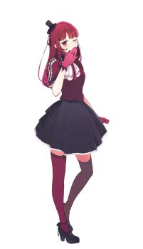 1girl alternate_hairstyle arima_kana black_skirt blush gloves headset high_heels highres idol_clothes long_hair oshi_no_ko pink_gloves red_eyes red_hair red_shirt red_thighhighs risdelusions shirt skirt solo thighhighs white_background