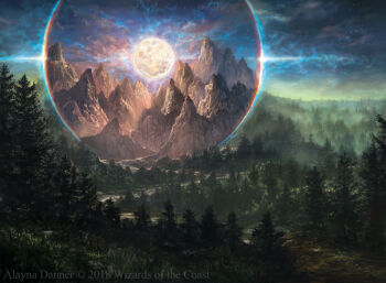 alayna_danner artist_name cloud cloudy_sky commentary company_name english_commentary fantasy fog forest full_moon highres landscape magic:_the_gathering moon mountain nature no_humans official_art outdoors pine_tree portal_(object) scenery sky tree