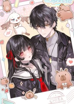 1boy 1girl abby_(wuthering_waves) black_choker black_hair black_jacket black_shirt blush character_name chisa_(wuthering_waves) choker closed_mouth collarbone commentary grey_shirt hair_between_eyes hair_ribbon heart highres jacket long_hair looking_at_viewer male_rover_(wuthering_waves) mole mole_under_eye namipon_(wuthering_waves) neckerchief red_eyes red_neckerchief red_ribbon ribbon rover_(wuthering_waves) sailor_collar shirt smile spoken_blush symbol-only_commentary to_e white_sailor_collar wuthering_waves yellow_eyes