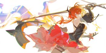 arknights arknights:_endfield ask_(askzy) black_dress braid breasts detached_sleeves dress gloves highres holding holding_sword holding_weapon laevatain_(arknights) long_hair looking_at_viewer medium_breasts official_art purple_eyes red_hair simple_background sleeveless sleeveless_dress slit_pupils surtr_(arknights) sword thigh_strap thighs two-tone_dress weapon white_background