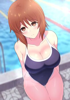 1girl absurdres arms_behind_back blue_one-piece_swimsuit blurry brown_eyes brown_hair closed_mouth commentary_request competition_school_swimsuit depth_of_field girls_und_panzer halterneck highres iteza_(flapper_girl_25) lens_flare light_blush light_smile looking_at_viewer nishizumi_miho one-piece_swimsuit partial_commentary pool school_swimsuit short_hair smile solo standing swimsuit thigh_gap