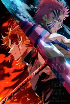 2boys black_jacket blood blood_from_mouth blood_on_face demon_slayer_uniform facial_mark grin injury jacket katana kimetsu_no_yaiba male_focus multiple_boys red_eyes red_hair rengoku_kyoujurou sayu090200 smile split_screen sword tomioka_giyuu upper_body watermark weapon