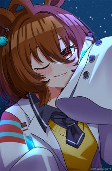 1girl agnes_tachyon_(tach-nology)_(umamusume) agnes_tachyon_(umamusume) ahoge amaimi animal_ears arm_up artist_name black_necktie blush chemical_structure coat corset ear_ornament earrings hair_between_eyes hand_up holding holding_test_tube horse_ears horse_girl jewelry lab_coat necktie night night_sky one_eye_closed parted_lips red_eyes short_necktie single_earring sky sleeves_past_fingers sleeves_past_wrists smile solo star_(sky) sweater test_tube umamusume watermark white_coat yellow_sweater