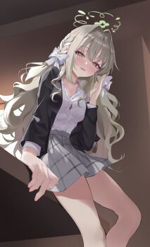1girl absurdres arm_up black_jacket blue_archive blush bow breasts cleavage collared_shirt green_hair green_halo grey_skirt hair_bow hair_intakes halo hand_on_table highres jacket long_hair looking_at_viewer medium_breasts miyo_(blue_archive) open_mouth partially_unbuttoned shirt sitting skirt solo table teeth upper_teeth_only white_bow white_shirt yellow_eyes zuki_(user_mzpz5848)