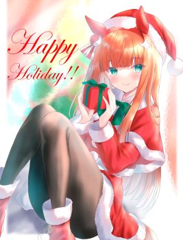 1girl absurdres animal_ears black_pantyhose blue_eyes blunt_bangs blush boots bow capelet christmas closed_mouth commentary dress ear_covers fur-trimmed_capelet fur-trimmed_dress fur-trimmed_headwear fur_trim green_bow green_eyes hairband hat highres hime_cut horse_ears horse_girl horse_tail long_hair long_sleeves looking_at_viewer orange_hair orange_tail pantyhose red_boots red_capelet red_dress red_hairband red_hat santa_costume santa_dress santa_hat sasaminiku_(chickenbstrips) silence_suzuka_(umamusume) smile solo symbol-only_commentary tail umamusume