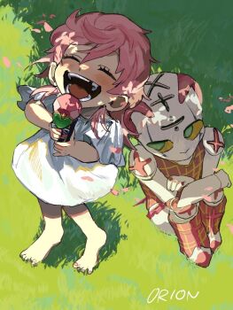 1girl 1other aged_down barefoot blush child closed_eyes colored_sclera commentary commentary_request crossed_arms dress food from_above grass green_eyes highres holding holding_food holding_ice_cream ice_cream ice_cream_cone jojo_no_kimyou_na_bouken looking_at_another open_mouth orion_on_rio outdoors petals pink_hair sitting smile spice_girl_(stand) stand_(jojo) standing teeth trish_una vento_aureo white_dress yellow_sclera