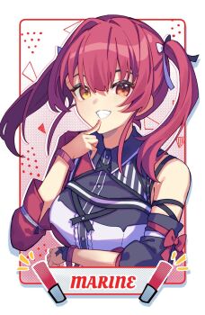 1girl asymmetrical_clothes asymmetrical_sleeves heterochromia highres hololive hololive_idol_uniform_(color_rise) houshou_marine multicolored_shirt official_alternate_costume red_eyes red_hair simple_background smile solo twintails virtual_youtuber yellow_eyes yokura_(yukilina)