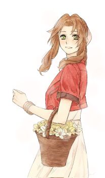 Rule 34 | 1girl, aerith gainsborough, bangle, basket, bracelet, braid, braided ponytail, brown hair, commentary, cowboy shot, cropped jacket, dress, final fantasy, final fantasy vii, final fantasy vii remake, floral background, flower, green eyes, hair ribbon, highres, holding, holding basket, jacket, jewelry, kayu0315, lily (flower), long dress, long hair, looking at viewer, open mouth, parted bangs, pink dress, pink ribbon, red jacket, ribbon, short sleeves, sidelocks, single braid, smile, solo, white background, yellow flower