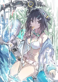 1girl absurdres arknights ball bathtub beachball belt bikini black_eyes black_hair breasts feather_hair frilled_bikini frills goggles goggles_around_neck hair_intakes hair_ornament hairclip highres holding holding_scythe id_card jacket jacket_over_swimsuit la_pluma_(arknights) la_pluma_(summer_flowers)_(arknights) laoshi_wo_hao_e medium_breasts megaphone scythe sketch swim_goggles swimsuit thigh_belt thigh_strap water whistle white_bikini wing_hair_ornament