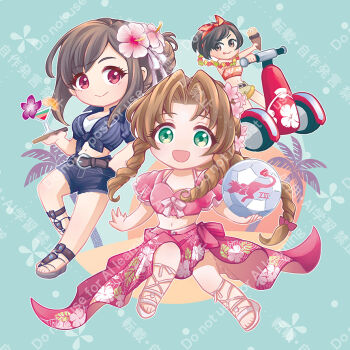 3girls aerith_gainsborough aerith_gainsborough_(floral_delight) aqua_background ball belt belt_buckle bow braid braided_ponytail breasts brown_belt brown_eyes brown_hair buckle chibi chibi_only cleavage closed_mouth costa_del_sol crop_top eiria0228 final_fantasy final_fantasy_vii final_fantasy_vii_rebirth final_fantasy_vii_remake floral_print flower flower_in_drink flower_necklace frilled_sleeves frills full_body green_eyes grey_shirt grey_shorts hair_flower hair_ornament hairband hand_on_own_hip hibiscus holding holding_ball holding_ice_cream_cone holding_plate ice_cream_cone jewelry lei long_hair medium_breasts midriff multiple_girls navel necklace official_alternate_costume official_alternate_hairstyle on_scooter open_mouth orange_hairband orange_shirt palm_tree parted_bangs pink_flower pink_sarong pink_shirt plate print_shirt red_eyes red_xiii sandals sarong shirt shirt_bow short_hair short_sleeves shorts sidelocks single_braid smile soccer_ball striped_clothes striped_shirt tied_shirt tifa_lockhart tifa_lockhart_(majestic_glamour) tongue tongue_out tree tropical_drink updo watermark white_sandals white_shirt yuffie_kisaragi yuffie_kisaragi_(summer_orange)