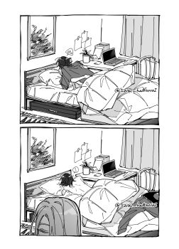 2girls absurdres aftersex book closed_eyes commentary_request computer greyscale heart highres hug indoors laptop long_hair monochrome multiple_girls nude on_bed original pillow plant potted_plant spoken_heart szm_hattori01 twitter_username under_covers yuri