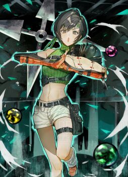 1girl absurdres belt black_hair brown_eyes commentary_request final_fantasy final_fantasy_vii final_fantasy_vii_rebirth final_fantasy_vii_remake fingerless_gloves foot_out_of_frame gloves green_sweater headband highres looking_at_viewer materia midriff navel ninja open_mouth short_hair shorts shuriken single_bare_shoulder sleeveless sleeveless_turtleneck socks solo standing standing_on_one_leg sweater towa_towa_riku turtleneck turtleneck_sweater weapon white_socks yuffie_kisaragi