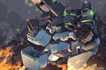 cosmo-5 explosion glowing glowing_eyes highres mecha mecha_pilot_suit mechanical_arms mechanical_legs original robot wallpaper_worthy_(desktop)