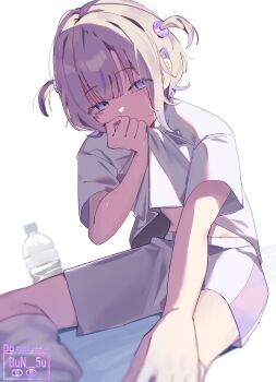 1girl bottle bun_(bun_5u) clothes_lift covering_own_mouth half-closed_eyes highres hololive looking_at_viewer multicolored_hair purple_eyes purple_hair shirt shirt_lift short_hair shorts sitting solo stomach streaked_hair sweat todoroki_hajime two_side_up virtual_youtuber water_bottle white_background wiping_face