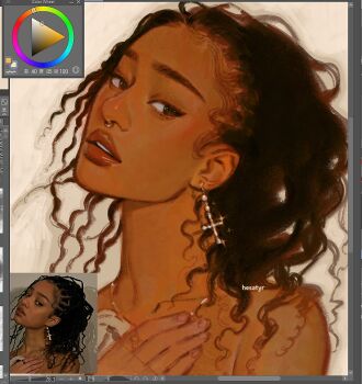 1girl art_program_in_frame artist_name black_eyes black_hair dark-skinned_female dark_skin face_piercing hand_on_own_chest head_back hesatyr inverted_cross_earrings katseye long_hair manon_(katseye) nose_piercing parted_lips photo-referenced piercing real_life reference_inset solo