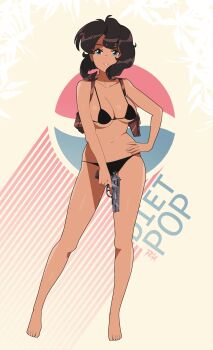 1990s_(style) 1girl absurdres artist_logo artist_name bare_arms bare_legs barefoot bikini black_bikini black_hair blue_eyes breasts brown_background commentary commission contrapposto cz_75 dark-skinned_female dark_skin faux_retro_artstyle full_body gun gunsmith_cats hand_on_own_hip handgun highres holster logo looking_at_viewer medium_breasts micro_bikini navel parted_lips pepsi pixiv_commission r3dfive rally_vincent retro_artstyle short_hair shoulder_holster simple_background solo standing swimsuit trigger_discipline weapon