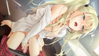 1boy bishoujo_mangekyou blonde_hair blush censored crossdressing crossdressing_(mtf) feet game_cg green_eyes happoubi_jin kannagi_yuuma long_hair male_focus masturbation nipples open_clothes open_mouth penis skirt solo trap twintails