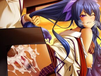 1boy 1girl angry bishop_(company) blood blue_hair blush body_control bra bra_lift breasts censored clenched_teeth clothed_sex clothes_lift clothing_aside cum cum_in_pussy cum_on_body cumdrip defloration doggystyle female_pubic_hair from_side game_cg grabbing_another&#039;s_hair hair_ribbon hetero holding_another&#039;s_hair kutsujoku large_breasts long_hair mosaic_censoring panties partially_undressed penis pubic_hair purple_eyes ribbon school_uniform sex sex_from_behind skirt skirt_lift solo_focus steam sweat teeth toujou_mahiro underwear vaginal