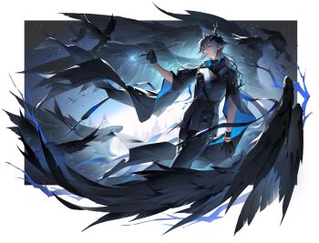 1boy absurdres arknights backlighting bird black_bird black_gloves black_jacket black_pants black_wings demon_boy earrings feathered_wings feet_out_of_frame gloves grey_hair hair_between_eyes head_wings highres holding holding_pen horns jacket jewelry liangjiu373 logos_(arknights) long_hair long_sleeves male_focus mole mole_under_eye nib_pen_(object) pants pen pointy_ears red_eyes sky solo star_(sky) starry_sky wings