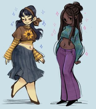 Rule 34 | 2girls, blush, commentary, crop top, dark-skinned female, dark skin, denim, dreadlocks, english commentary, feefal, highres, jeans, long hair, lowleg, lowleg pants, multiple girls, original, pants, procreate (medium), shirt, skier, skirt, t-shirt