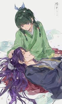 1boy 1girl beads black_coat blue_eyes blue_ribbon blunt_bangs bun_cover chinese_clothes closed_eyes closed_mouth coat couple flat_chest freckles green_hair green_shirt hair_beads hair_bun hair_ornament hair_ribbon half_updo hand_on_another&#039;s_head hetero highres jinshi_(kusuriya_no_hitorigoto) kusuriya_no_hitorigoto lap_pillow long_hair looking_at_another maomao_(kusuriya_no_hitorigoto) parted_bangs parted_lips purple_hair ribbon shirt sidelocks smile yuikisezu