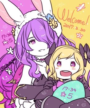 Rule 34 | 2girls, blonde hair, blush, bow, camilla (fire emblem), camilla (spring princess) (fire emblem), chibi, choker, easter egg, egg, elise (fire emblem), fire emblem, fire emblem fates, fire emblem heroes, flower, frills, hair bow, hair over one eye, hotate rayan, long hair, multicolored hair, multiple girls, nintendo, one eye covered, playboy bunny, purple eyes, purple hair, rabbit ears, siblings, sisters, twintails, two-tone hair, wavy hair
