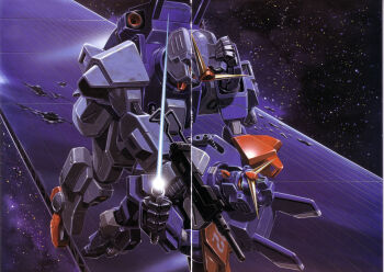 absurdres assault_rifle battle blue_destiny_02 blue_destiny_03 chest_cannon damaged debris duel energy_sword gun gundam gundam_side_story:_the_blue_destiny hand_on_another&#039;s_head highres machine_gun machinery mecha mecha_focus mobile_suit no_humans ookawara_kunio painting_(medium) promotional_art realistic rifle robot scan science_fiction space star_(sky) sword thrusters traditional_media v-fin weapon zero_gravity