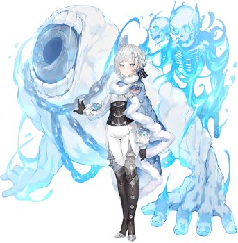 1girl akershus_fortress_(oshiro_project) asymmetrical_footwear badge black_boots black_corset black_gloves blue_bow blue_cape blue_eyes blush bodysuit bone boots bow braid cape center_frills chain closed_mouth corset frilled_shirt frills full_body fur-trimmed_cape fur_trim gloves grey_hair hair_bow hair_ornament long_sleeves looking_at_viewer monster official_art oshiro_project:re shirt skeleton solo swept_bangs thigh_boots tight_clothes white_background white_bodysuit white_shirt