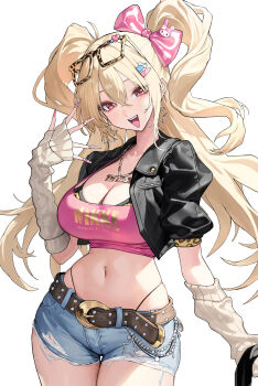 Rule 34 | 1girl, absurdres, alternate costume, arm warmers, belt, black bra, black jacket, blonde hair, blue shorts, bow, bra, bra peek, breasts, clay (nikke), cleavage, cowboy shot, crop top, cropped jacket, cutoffs, denim, denim shorts, eyewear on head, full body, goddess of victory: nikke, hair bow, highleg, highres, jacket, jewelry, large breasts, midriff, migu (iws2525), navel, necklace, open clothes, open jacket, open mouth, panty straps, pink shirt, shirt, short shorts, short sleeves, shorts, simple background, sleeveless, sleeveless shirt, smile, solo, stomach, strap gap, tongue, tongue out, torn clothes, two side up, underwear, white background