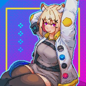 1girl animal_ear_fluff animal_ears arknights arm_behind_head arms_up blonde_hair blue_background blue_outline blue_tail blush breasts brown_thighhighs caffichai closed_mouth commentary dress grey_dress hair_between_eyes hair_ornament hairclip highres jacket large_breasts looking_at_viewer medium_hair open_clothes outline pink_background pink_eyes pixel_art purple_eyes sitting solo thighhighs utage_(arknights) white_jacket zettai_ryouiki