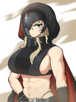 Rule 34 | 1girl, abs, arm warmers, bare shoulders, belt, black belt, black cloak, black shirt, blonde hair, blue eyes, breasts, broken mask, cloak, closed mouth, commentary, cowboy shot, crop top, gloves, goddess of victory: nikke, grave (nikke), hair between eyes, hair over one eye, hand on own hip, highres, hood, hood up, hooded cloak, large breasts, long hair, looking at viewer, mask, metal gloves, midriff, multiple scars, navel, pazik, scar, scar on stomach, shirt, sideboob, sidelocks, single arm warmer, sleeveless, sleeveless shirt, solo, standing