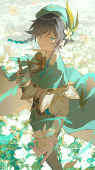 1boy absurdres aerokinesis backlighting bard beret black_hair blurry blurry_background braid cape closed_mouth commentary_request day falling_petals feet_out_of_frame field flower flower_field genshin_impact gradient_hair green_cape green_eyes green_hair green_hat green_shorts hat hat_flower highres holding holding_flower holding_instrument holding_lyre instrument long_sleeves looking_at_viewer lyre male_focus mc-sm multicolored_hair outdoors petals reaching reaching_towards_viewer shirt short_hair_with_long_locks shorts side_braids smile solo twin_braids venti_(genshin_impact) white_shirt wind